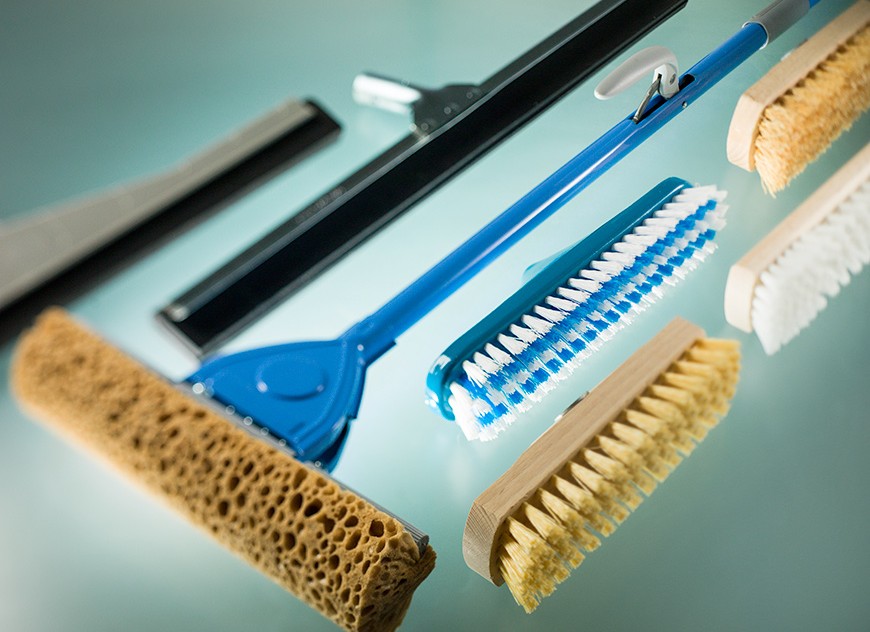 Scrubber brooms and floor squeegees